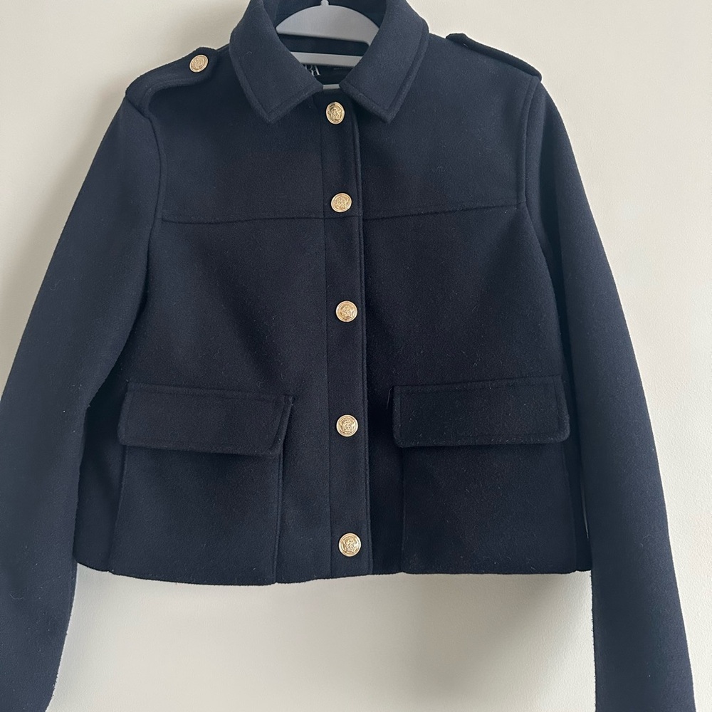 Zara Black Wool Pea Coat with Gold Buttons